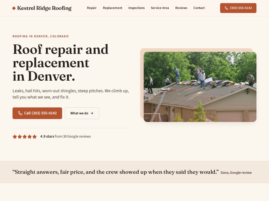 Kestrel Ridge Roofing — sample website by MIDAS